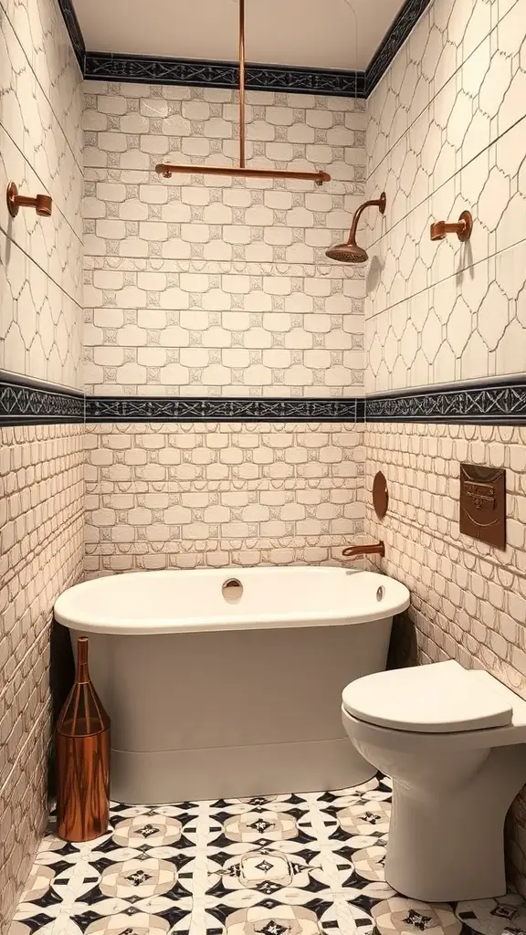 A stylish bathroom featuring Art Deco floor and wall tiles with copper fixtures.