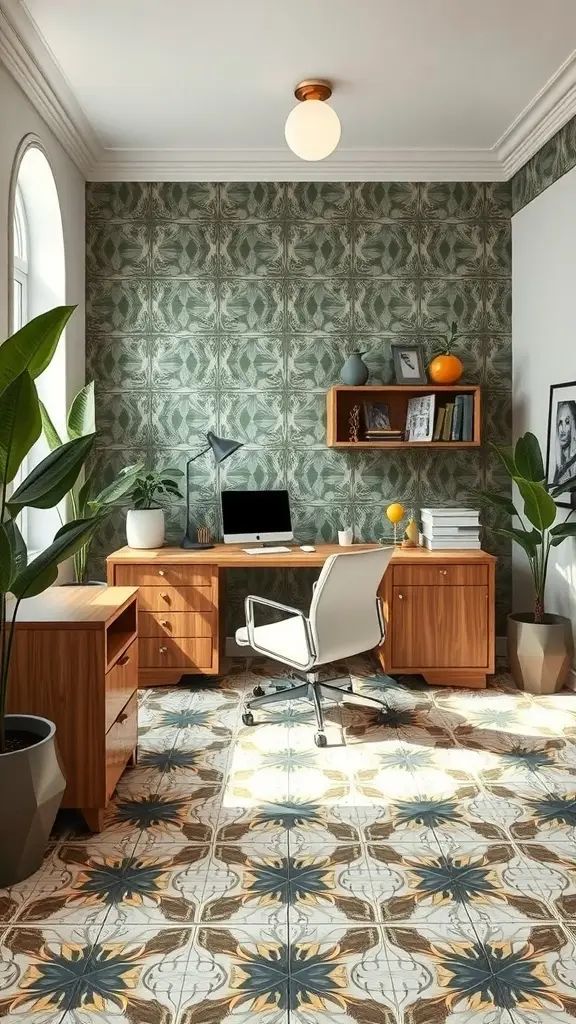 Art Deco tile work in a hallway with earthy tones and elegant shapes