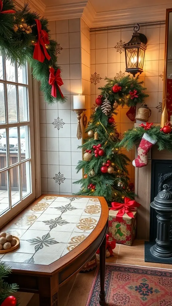 A cozy corner with Art Deco tiles, decorated for the holiday season with a Christmas tree and garlands.
