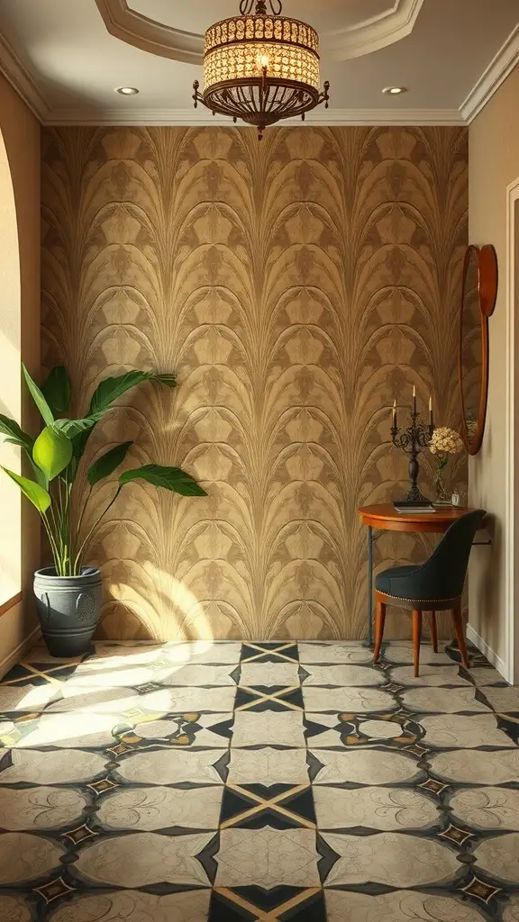 Art Deco style entryway with intricate floor and wall tile designs