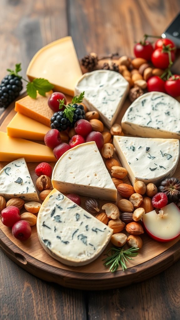 A beautifully arranged cheese board featuring various cheeses, nuts, and fruits.