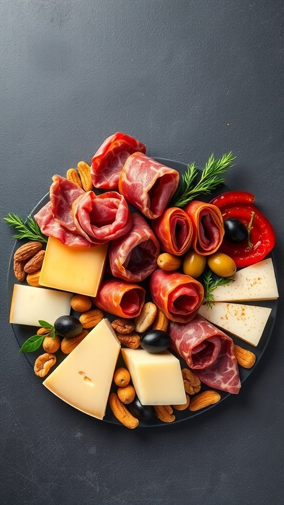 A beautifully arranged cheese board featuring assorted meats, cheeses, nuts, and fresh herbs.
