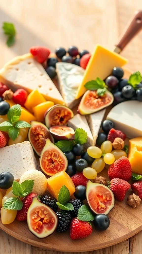 A beautifully arranged cheese board featuring fresh and dried fruits alongside assorted cheeses.