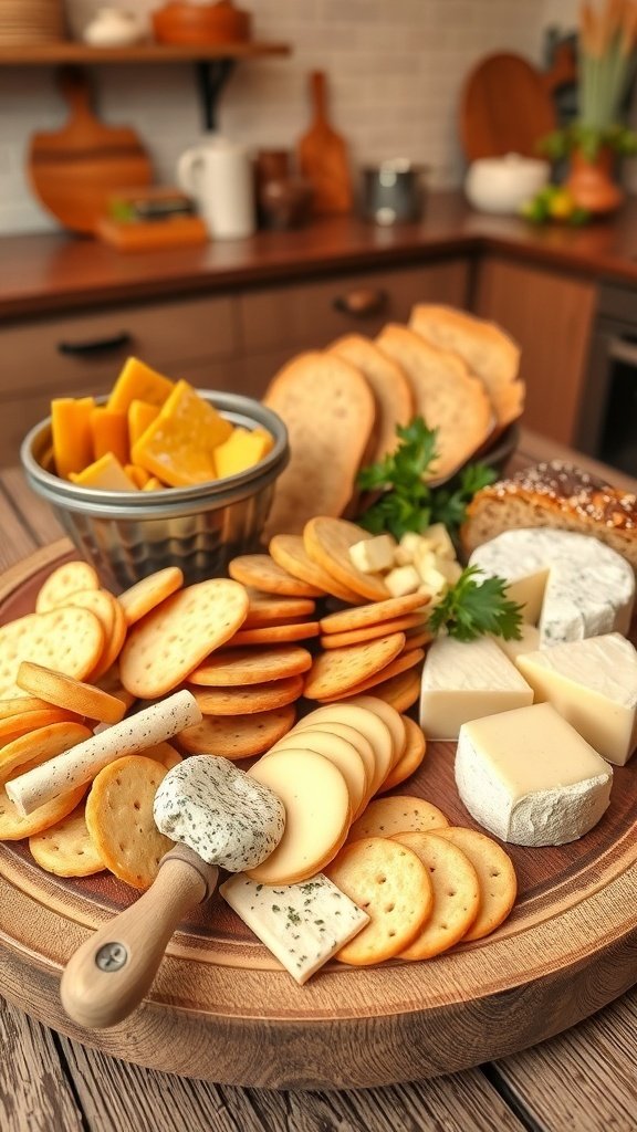 A beautifully arranged cheese board featuring assorted crackers, breads, and cheeses.