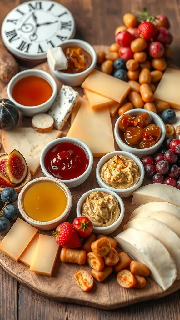 A beautifully arranged cheese board featuring various cheeses, fruits, and spreads.