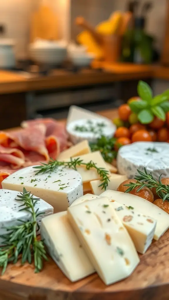 A beautifully arranged medieval-inspired cheese board featuring various cheeses, cured meats, and fresh herbs.