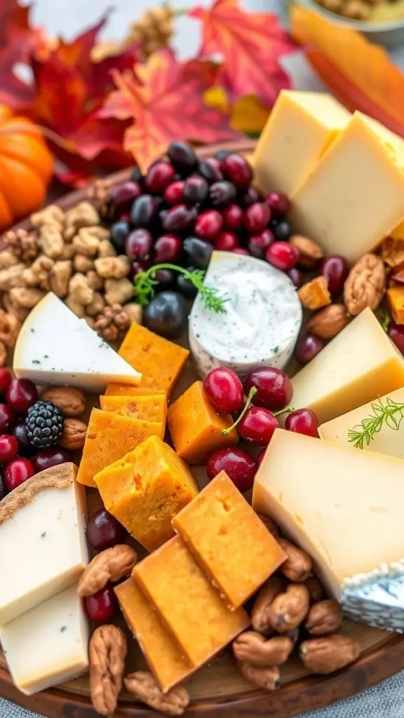 A seasonal cheese board featuring various cheeses, nuts, and fruits, decorated with autumn leaves.