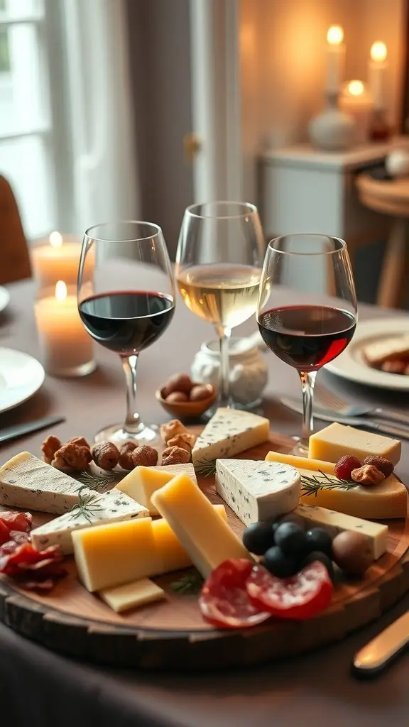 A beautifully arranged cheese board with various cheeses, cured meats, fruits, and three glasses of different wines.