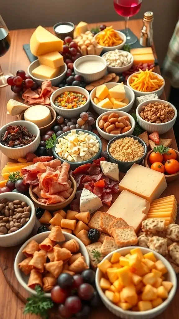 A beautifully arranged medieval-inspired cheese board with various cheeses, meats, fruits, and nuts.