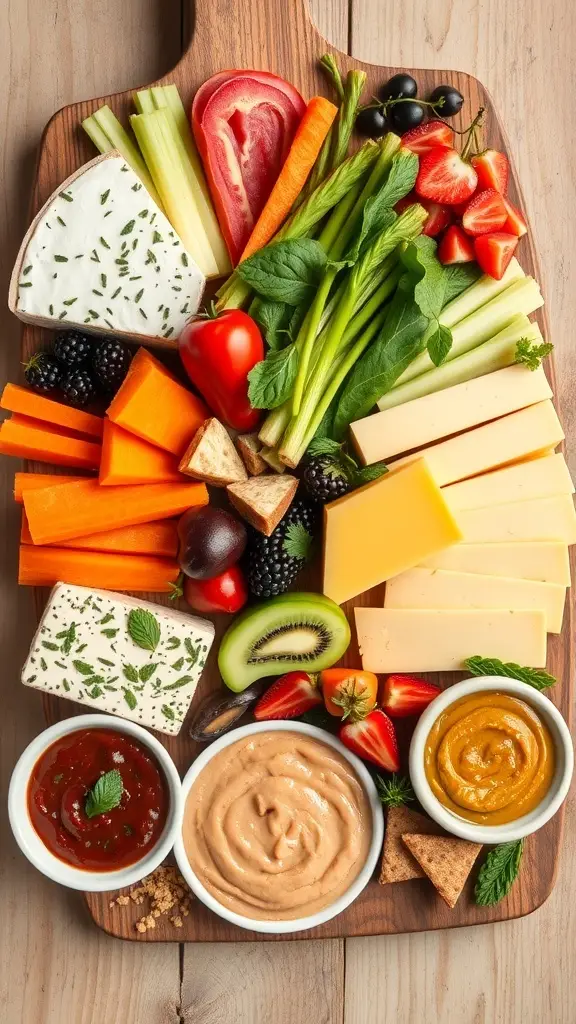 A vibrant vegan cheese board featuring an array of colorful vegetables, fruits, and dips.