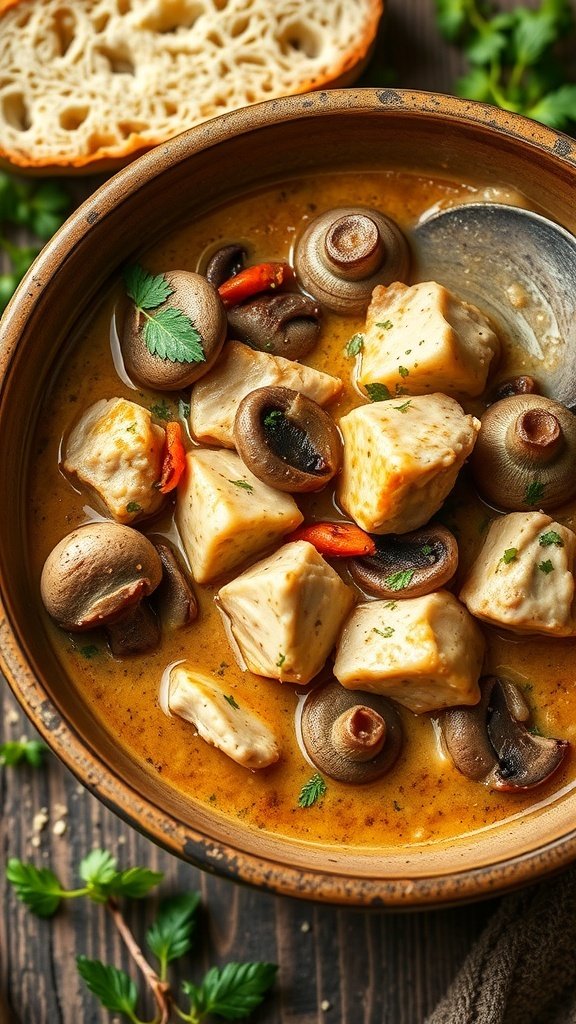 A bowl of chicken and mushroom potage with bread on the side