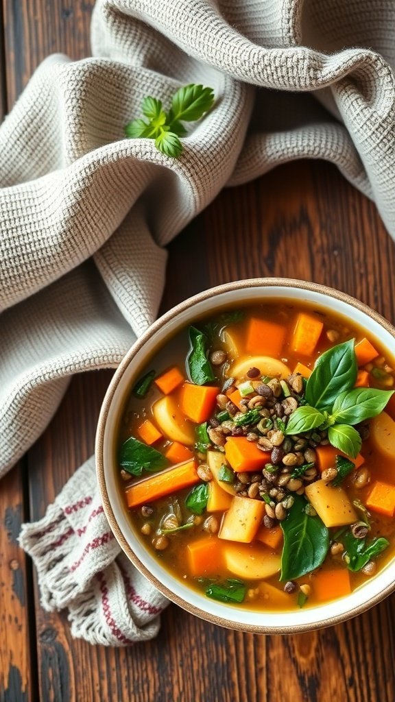 A bowl of vegetable and lentil soup garnished with fresh basil, surrounded by a cozy cloth.