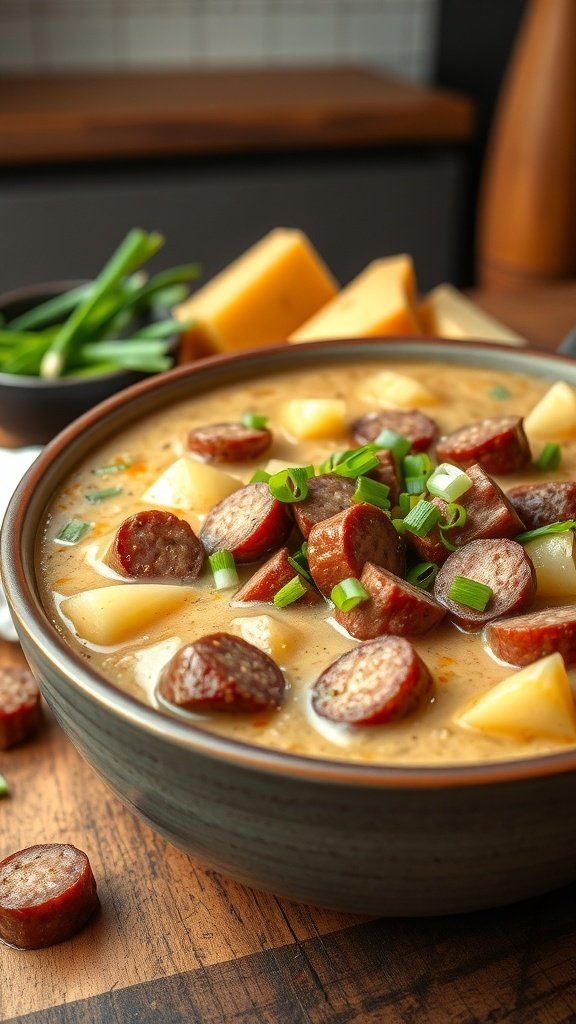 A bowl of hearty smoked sausage and potato chowder garnished with green onions.