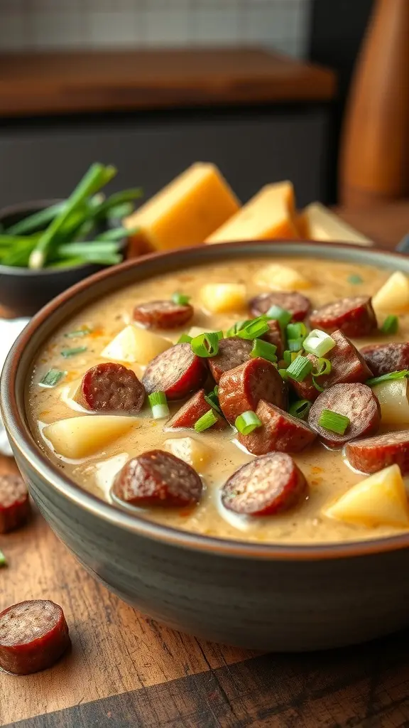 A bowl of smoked sausage and potato chowder.