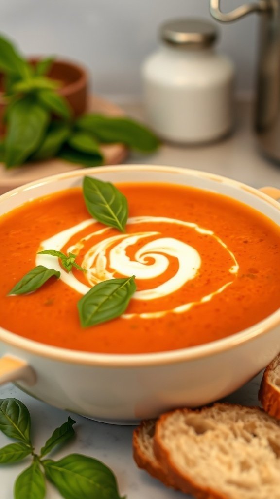 A bowl of creamy tomato and basil soup garnished with basil leaves, served with bread on the side.