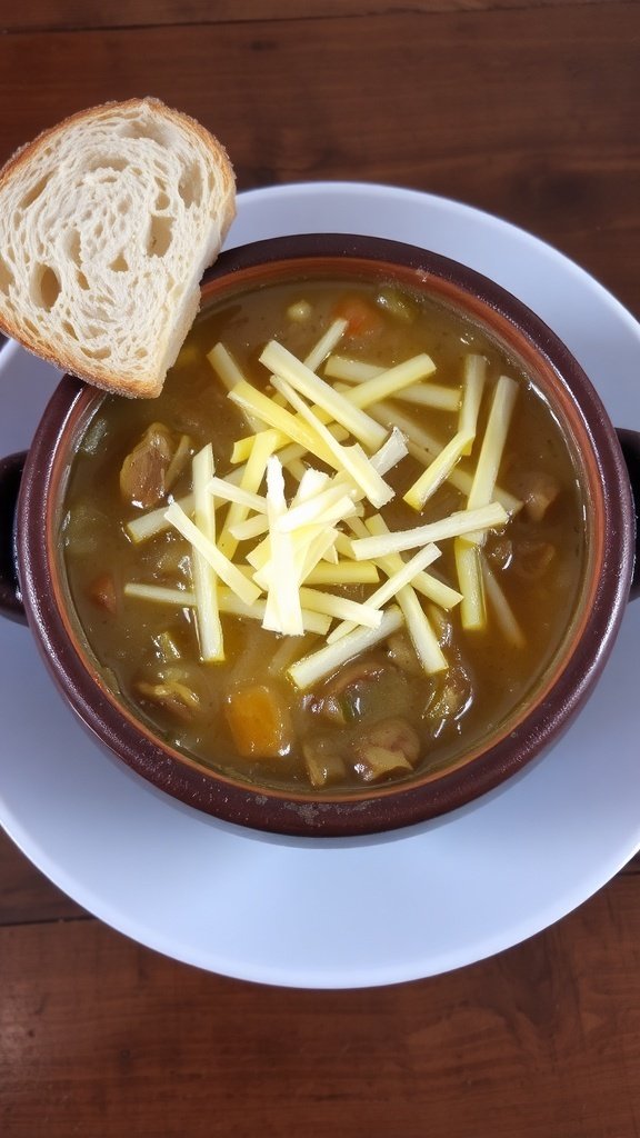 A bowl of traditional French onion soup with melted Gruyere cheese, served with crusty bread.
