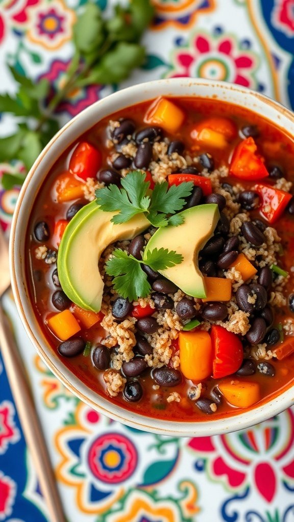 A bowl of Spicy Black Bean and Quinoa Chili topped with avocado and cilantro, served on a colorful patterned tablecloth.
