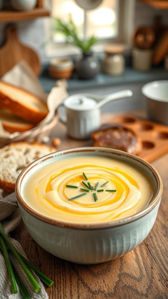 A bowl of creamy potato leek soup garnished with chives, with rustic bread in the background.