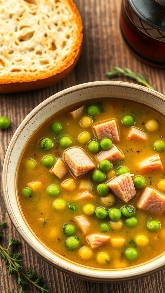 A bowl of rustic split pea soup with ham, garnished with fresh herbs, alongside a slice of bread.