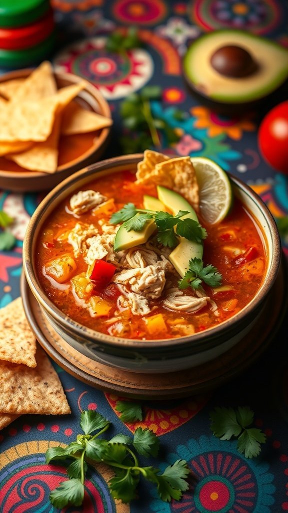 A bowl of zesty chicken tortilla soup topped with avocado, cilantro, and tortilla strips, served with lime wedges.