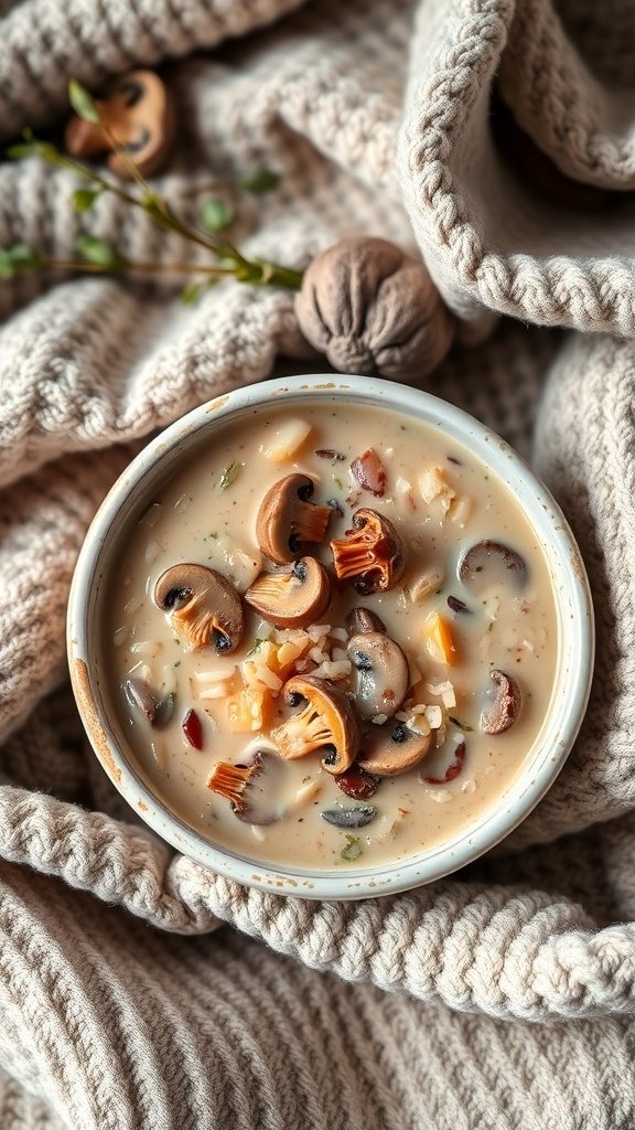 A bowl of creamy wild rice and mushroom soup surrounded by a cozy knitted blanket.