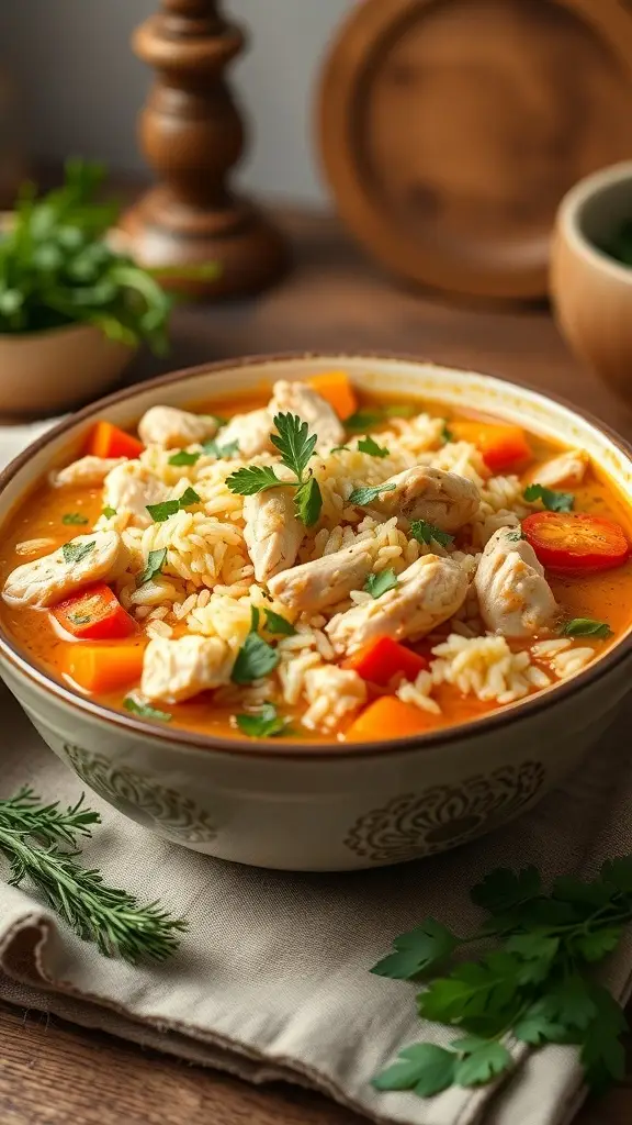 A bowl of chicken and rice soup with colorful vegetables, garnished with parsley.