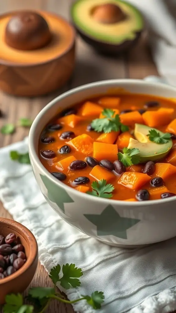 A bowl of sweet potato and black bean soup garnished with cilantro, with avocado halves in the background.