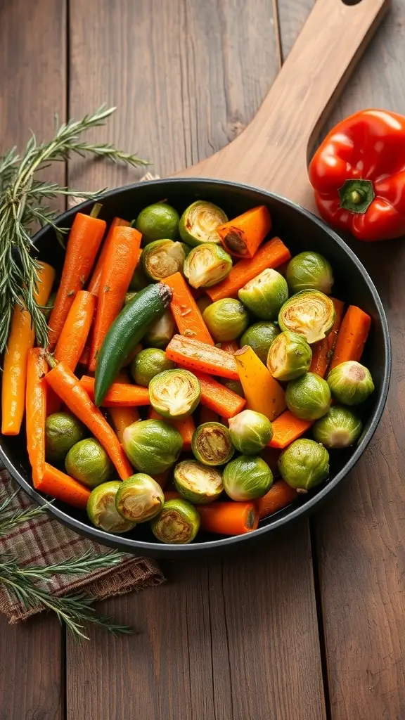 A skillet filled with a colorful medley of roasted vegetables including Brussels sprouts, carrots, and bell peppers.
