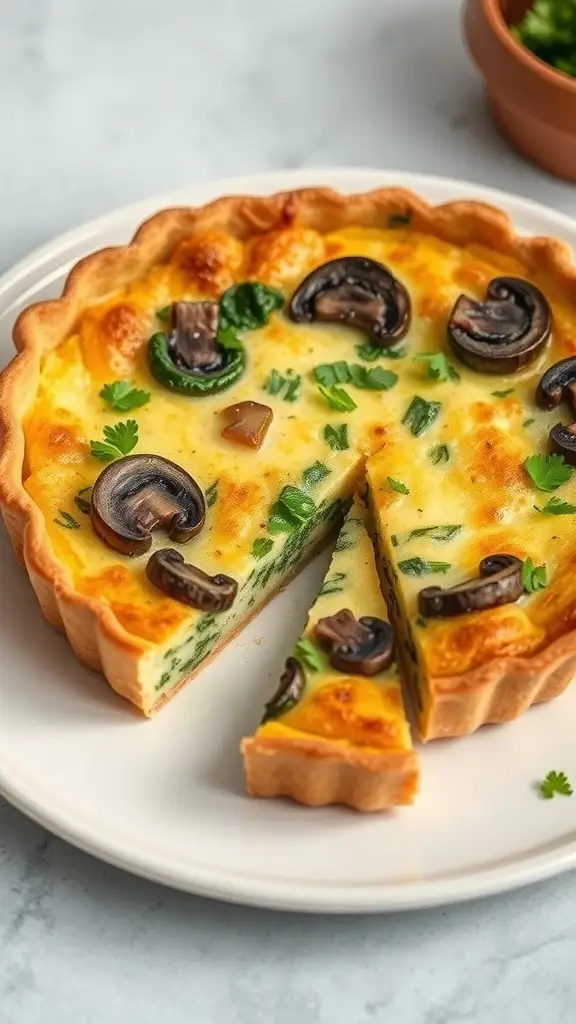 A savory mushroom and spinach quiche with a slice cut out, garnished with mushrooms and herbs.