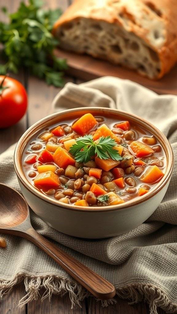 A bowl of hearty lentil stew with vegetables, garnished with parsley, next to a loaf of bread.