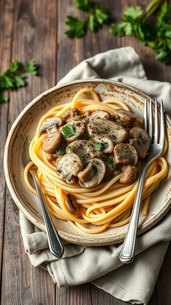 A plate of vegan mushroom stroganoff with pasta, garnished with parsley.