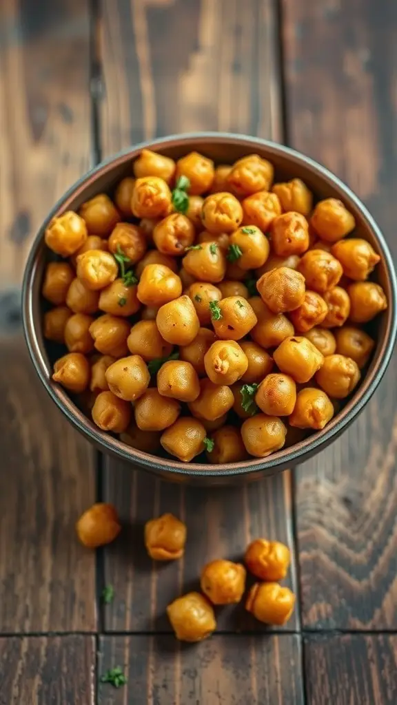A bowl of sweet and spicy roasted chickpeas on a wooden table.