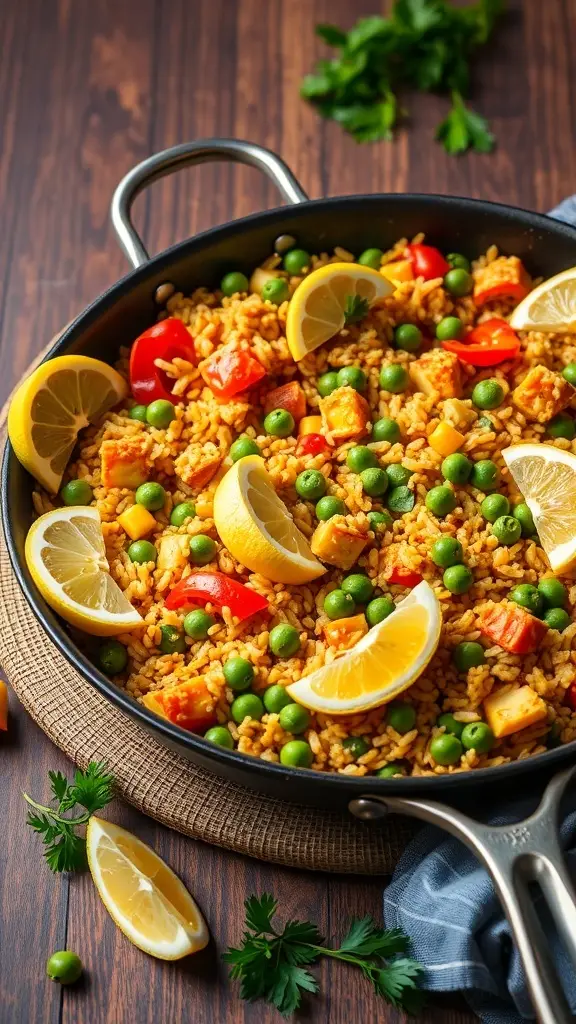 A vibrant vegan paella with rice, vegetables, and lemon slices.