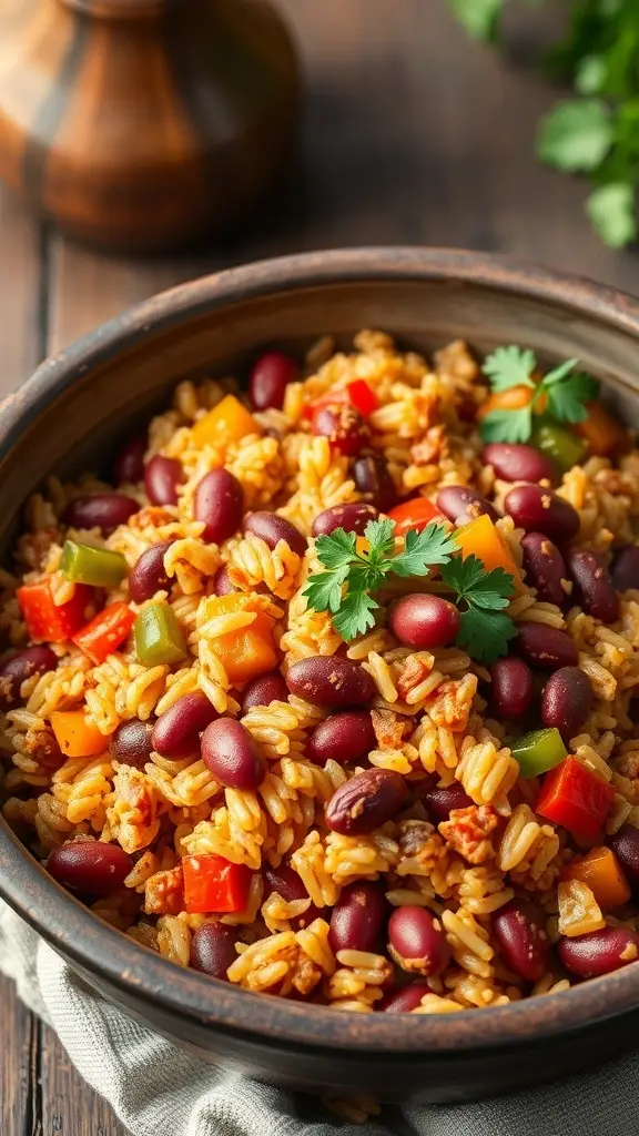 A bowl of colorful vegan jambalaya with rice, kidney beans, and bell peppers, garnished with cilantro.
