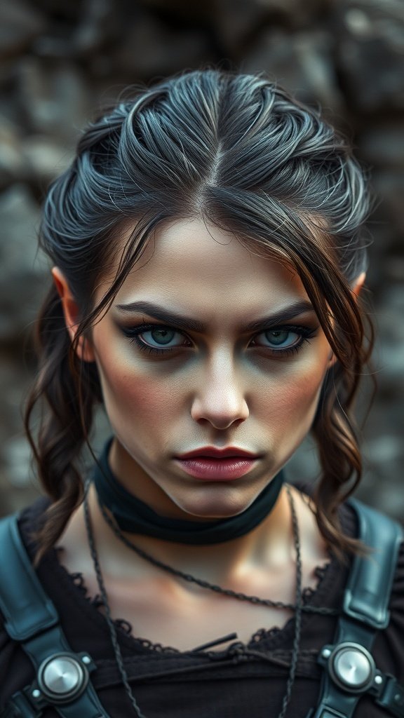 Close-up of a woman with fierce makeup and braids, resembling a warrior.