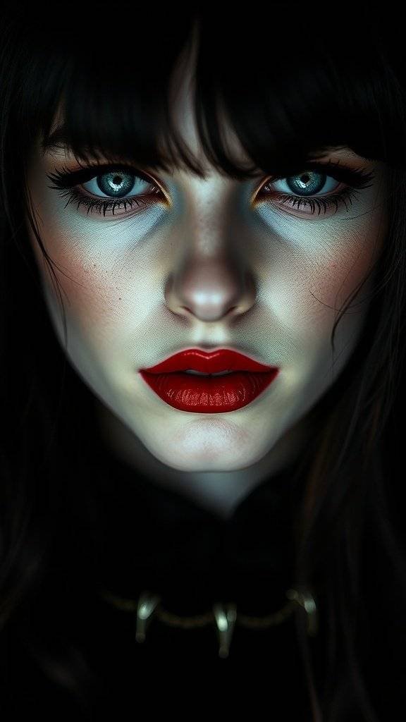 Close-up of a woman with striking blue eyes and bold red lips, inspired by Melisandre from Game of Thrones.