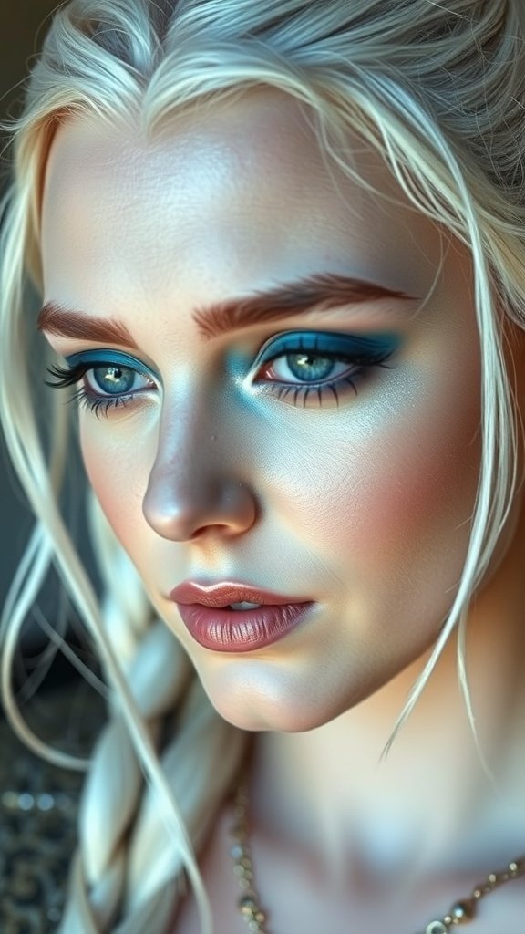 Close-up of a woman with blonde hair and striking blue eyeshadow, representing Daenerys Targaryen's makeup look.