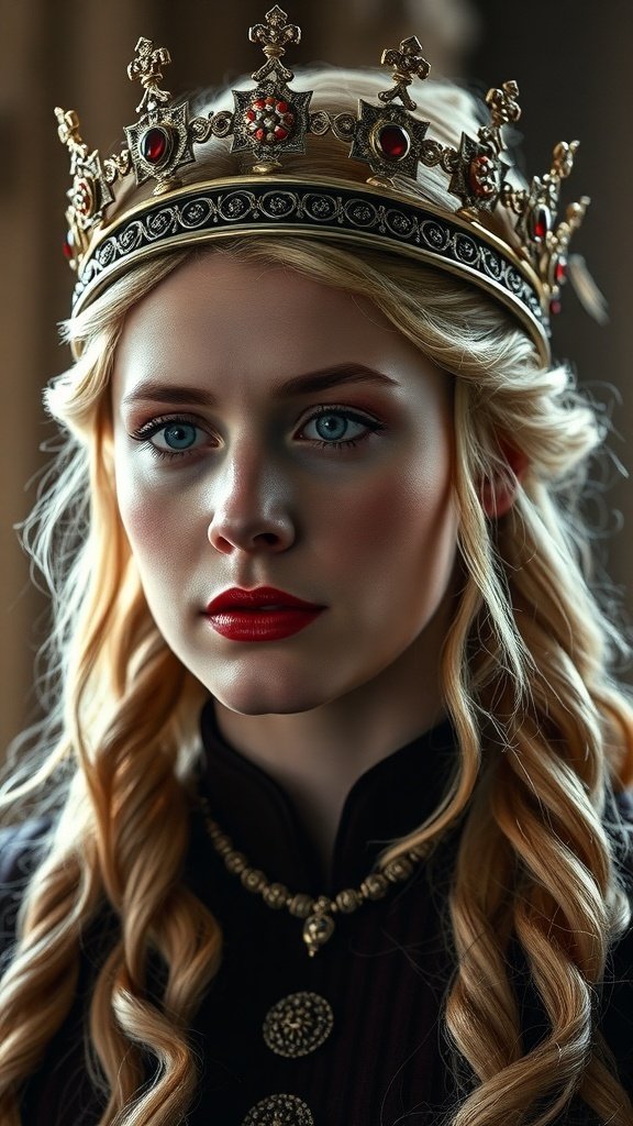 Close-up of a woman wearing a crown with blonde hair and bold red lips, representing Cersei Lannister's regal elegance.