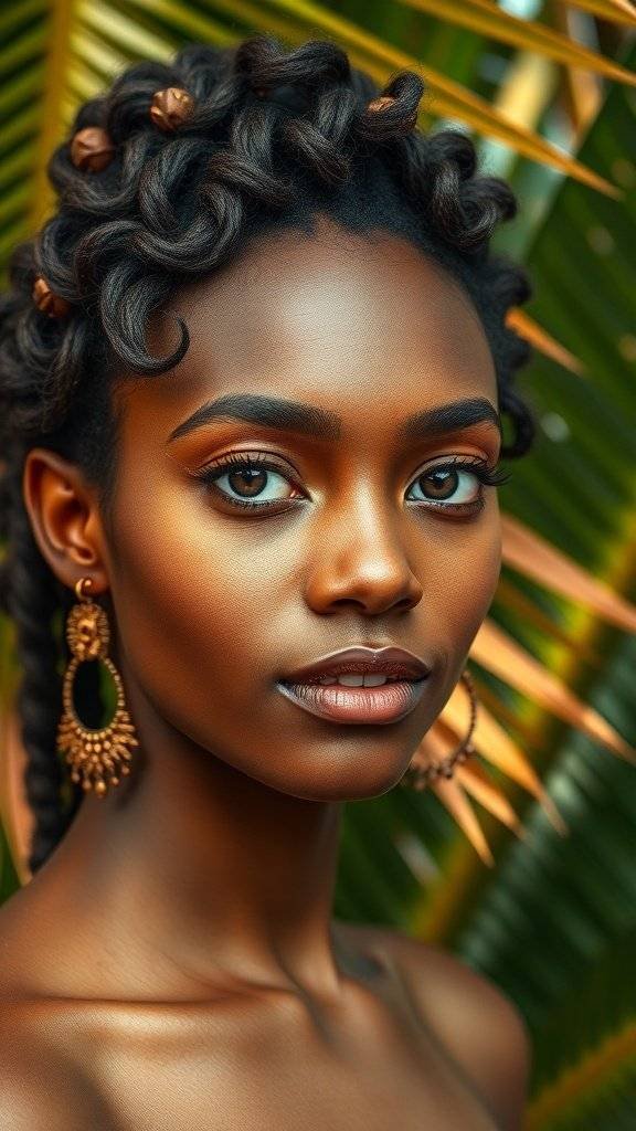 A close-up portrait of a woman with curly hair and golden earrings, showcasing radiant skin and warm makeup tones.