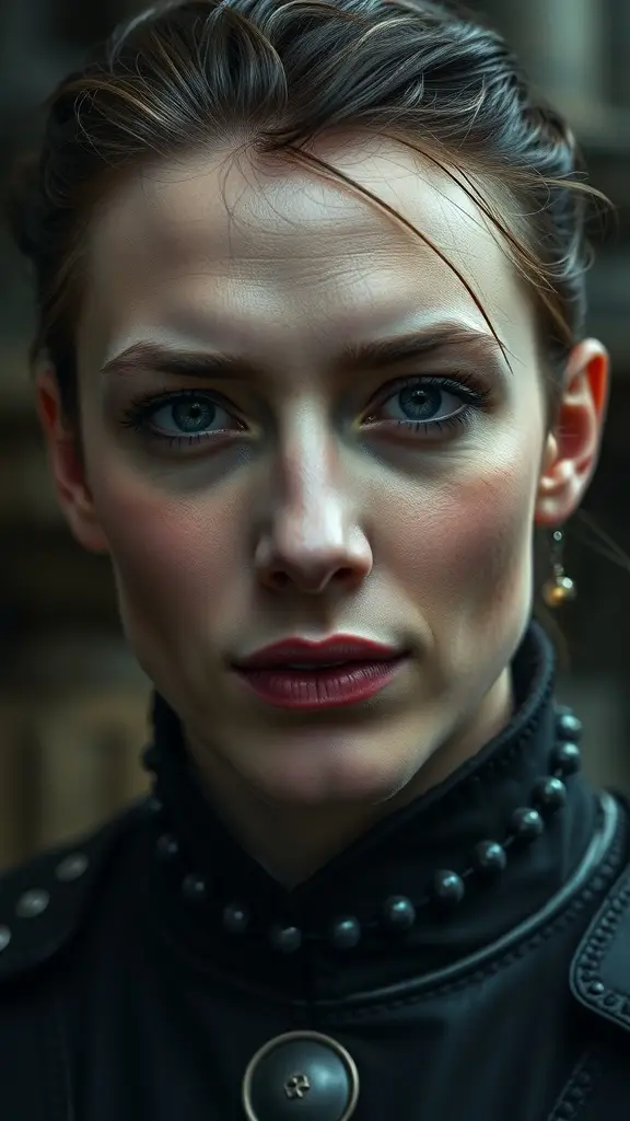 A close-up of a character with striking blue eyes and dark lipstick, embodying the deceptive charm of Petyr Baelish from Game of Thrones.