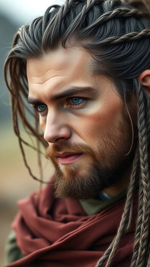 Close-up of a man with long braided hair, a beard, and a serious expression, wearing a brown cloak.