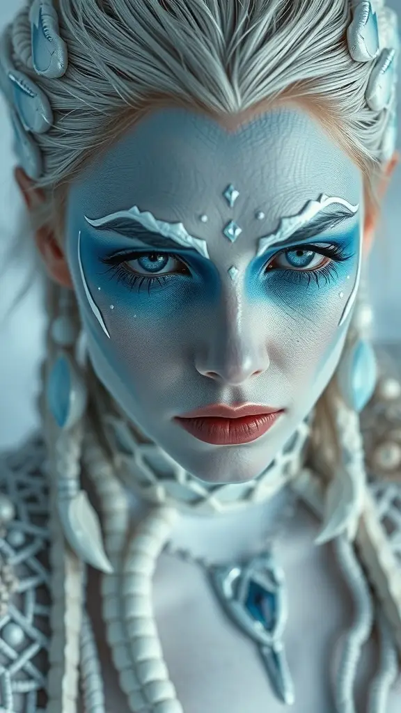 A makeup look inspired by the White Walkers from Game of Thrones, featuring a frosted complexion and intricate blue designs.