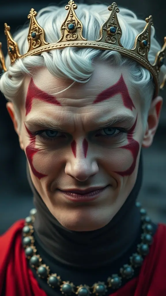 A close-up of a character portraying Joffrey Baratheon from Game of Thrones, featuring a crown, red face markings, and dark clothing.