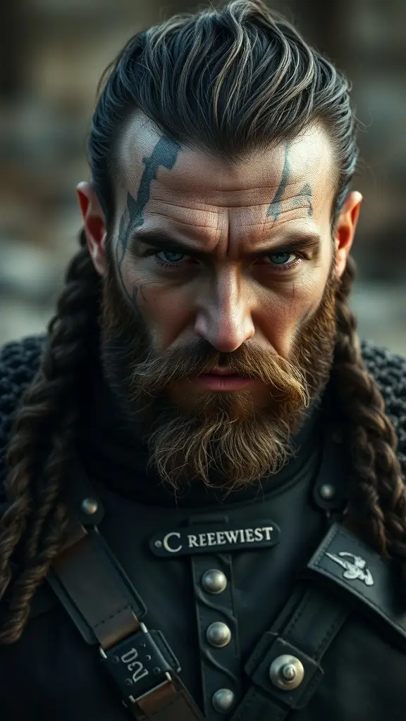 Close-up of a man with a scarred face, braided hair, and intense expression, wearing dark warrior attire.