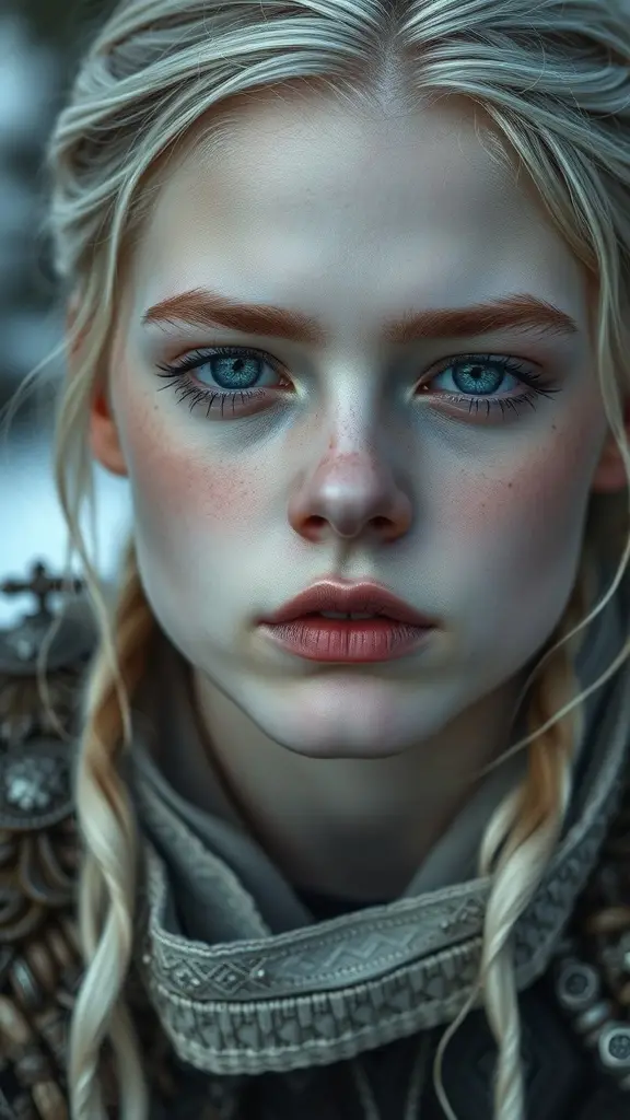 Close-up of a young woman with striking blue eyes and subtle makeup, representing a character inspired by Bran Stark from Game of Thrones.