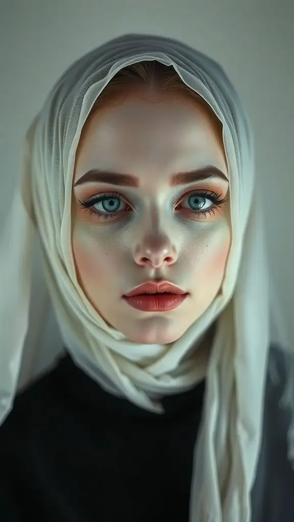 A model with striking blue eyes and bold eyeliner, wearing a white headscarf and soft lip color, embodying a guardian's strength and beauty.