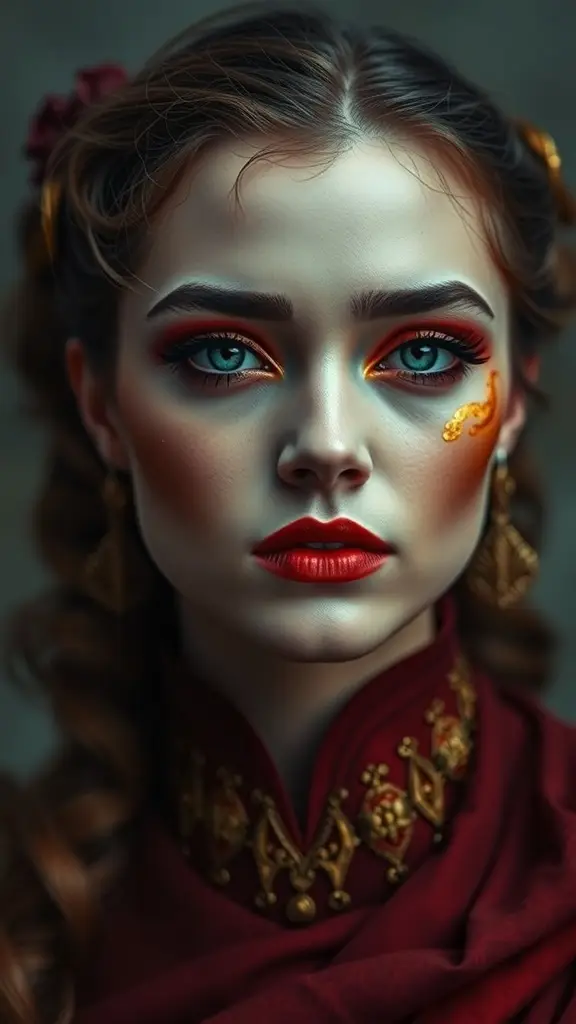A close-up of a model with bold red lips, dramatic eye makeup, and intricate golden accents, embodying the Targaryen legacy.