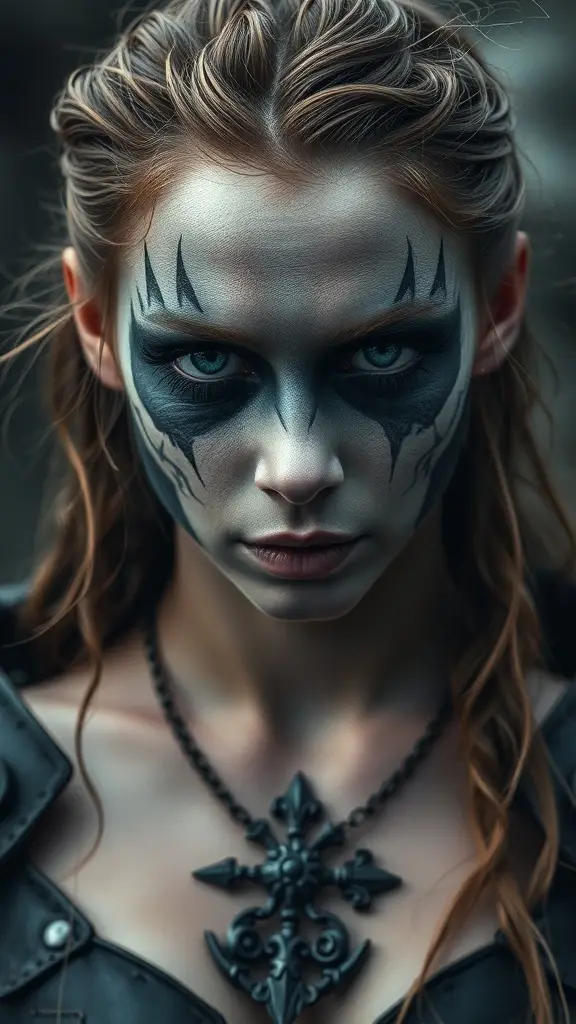 A fierce model with striking face paint and leather attire, embodying the spirit of the Ironborn from Game of Thrones.
