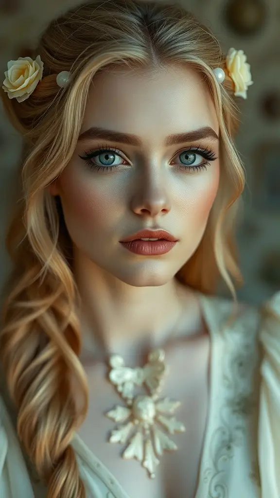 A model with long blonde hair styled with flowers, showcasing elegant makeup that highlights her blue eyes and soft features.