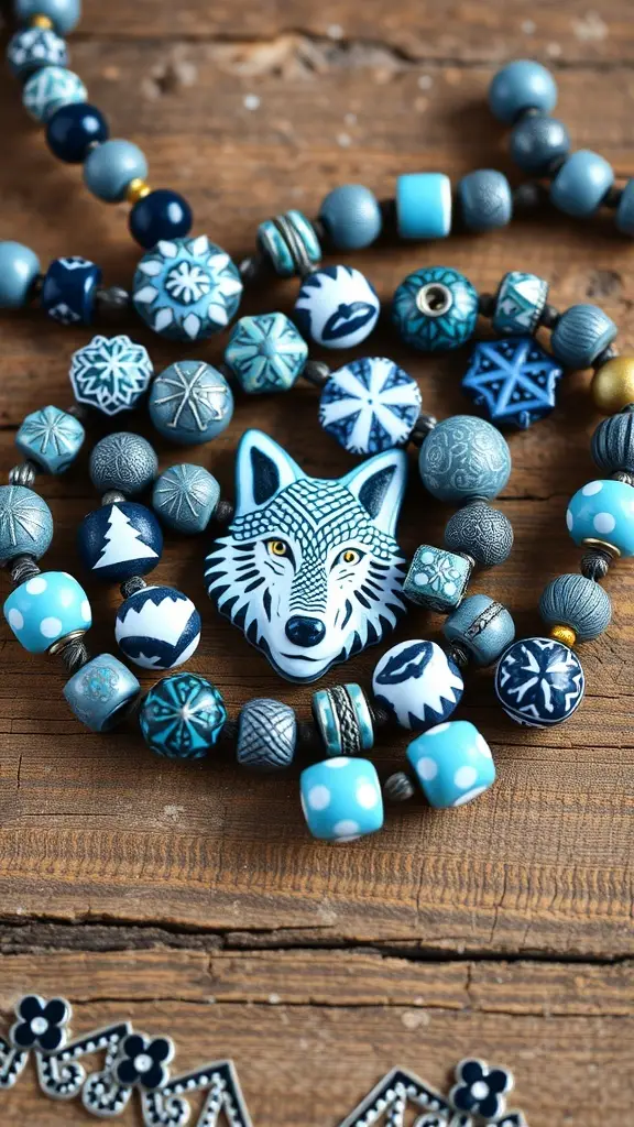 A collection of Northern-themed beads, featuring a central wolf bead and various blue and gray patterned beads.